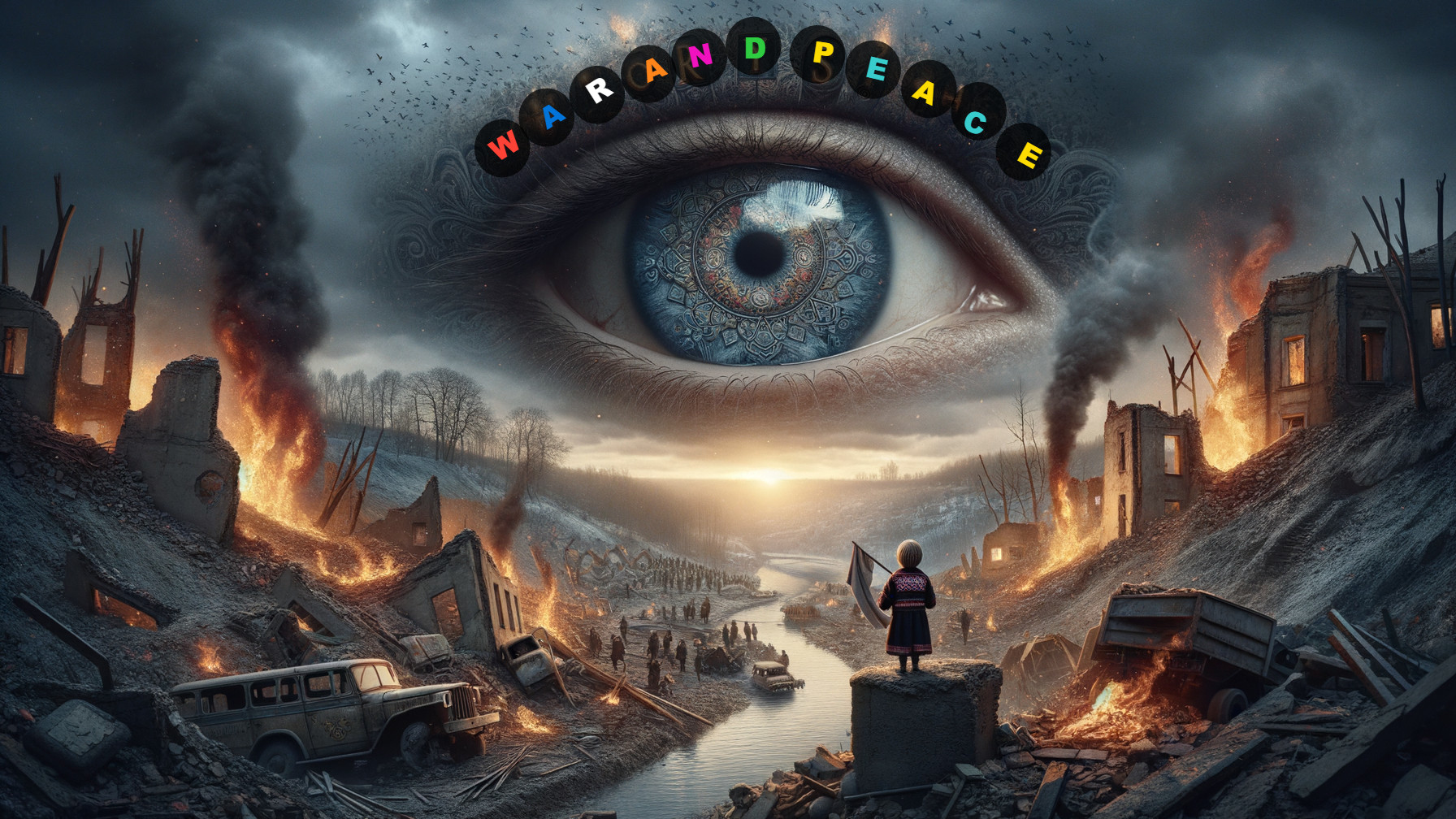 Surreal Landscape of a War-Torn City with Eye