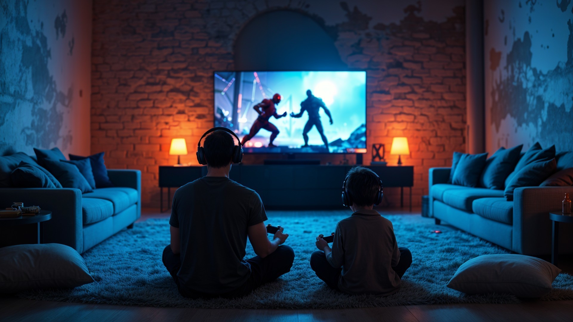 Father and son gaming together in a cozy room