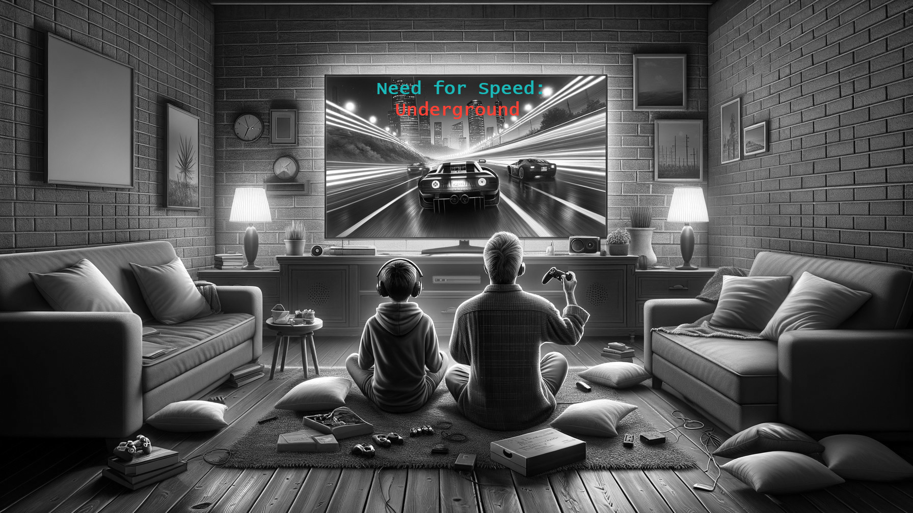 Cozy Living Room Scene with Child and Adult Gaming