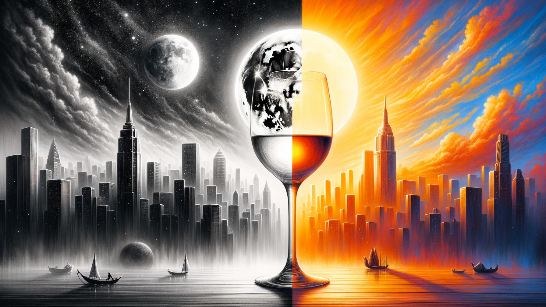Contrasting Black-and-White and Color Cityscape Art