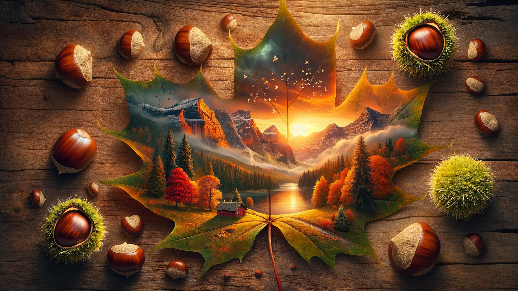 Autumn Landscape Inside a Detailed Leaf Scene