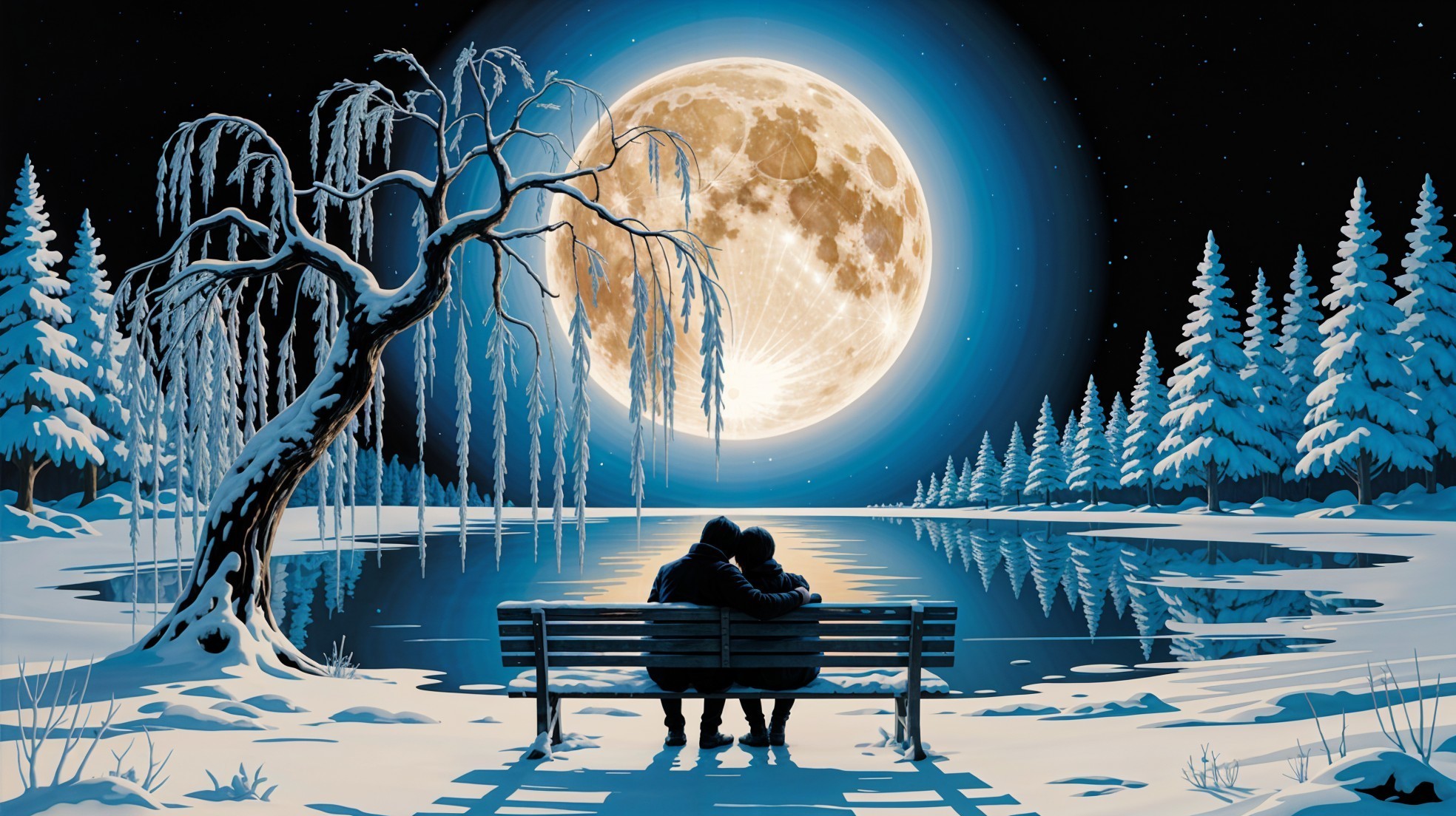 Couple Embraced by Lake in Serene Winter Scene