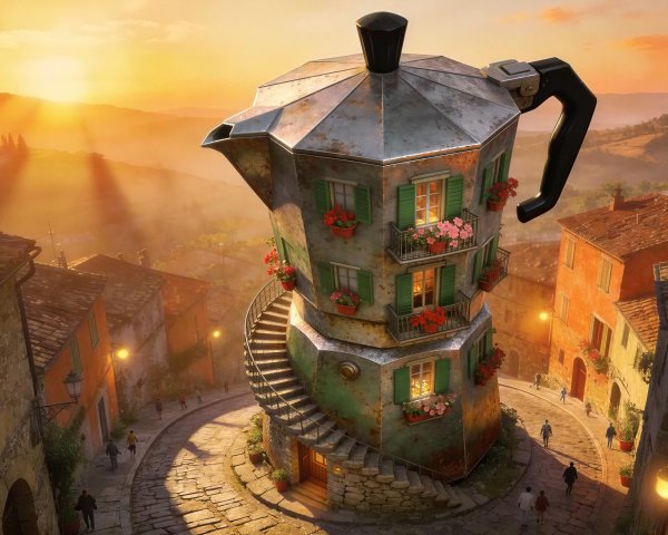 Digital Painting of a Vintage Moka Pot Town Building