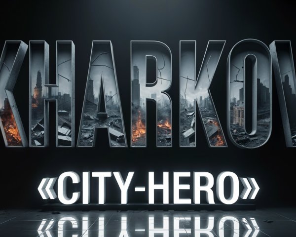 Bold 3D Text of "KHARKOV" with Urban Ruins