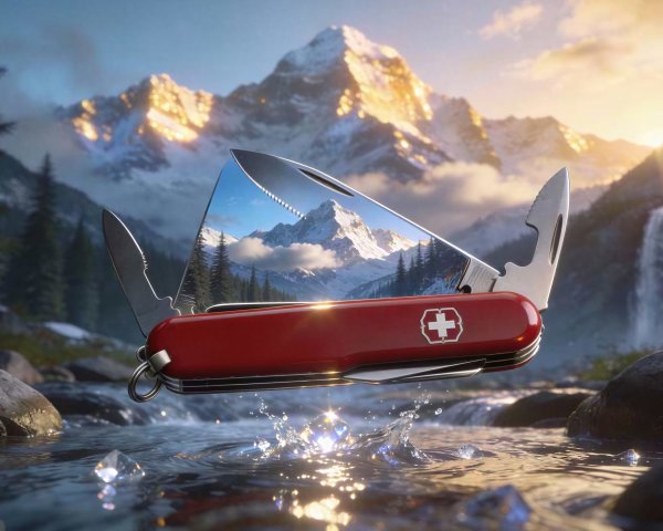 Swiss Army Knife Above Water with Mountain Reflection