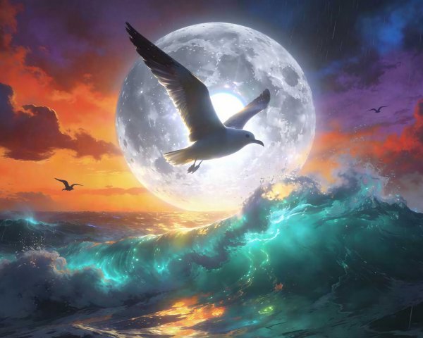 Moonlit Ocean Scene with Seagull and Bioluminescent Waves