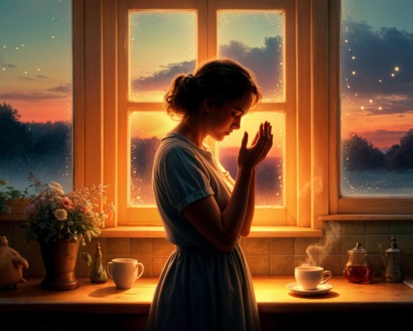 Cozy Kitchen Scene with Woman at Dusk