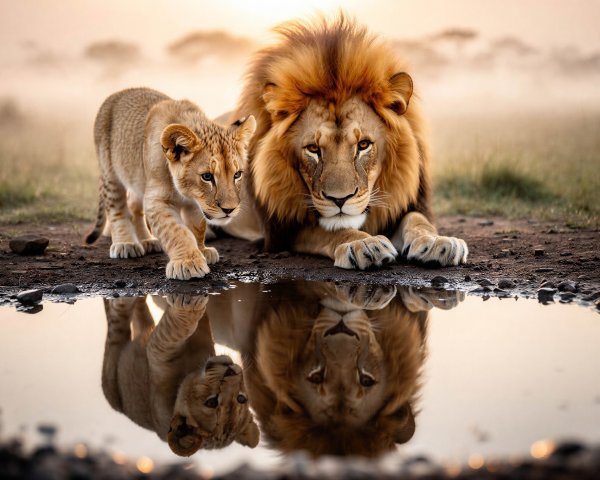Majestic Lion and Playful Cub by Muddy Puddle