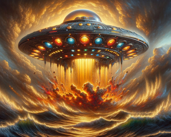 Dark Silver Flying Saucer Over Stormy Ocean Scene