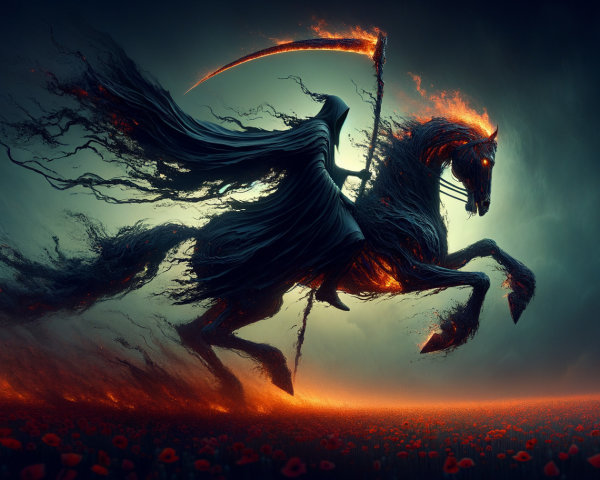 Dark Ethereal Figure on Flaming Horse in Smoky Landscape