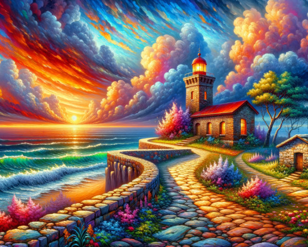 Vibrant Sunset Over Lighthouse and Coastal Landscape