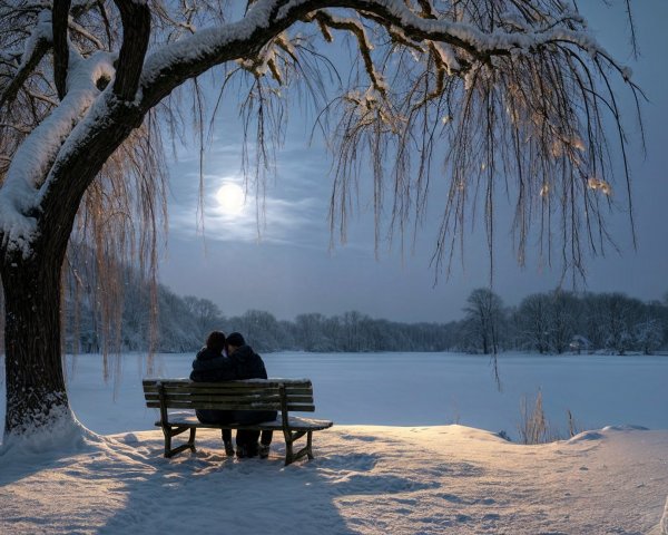 Winter Scene with Couple Beneath Snowy Willow Tree
