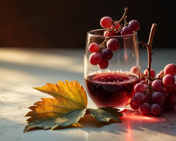 Red grape juice and grapes in warm sunlight setting