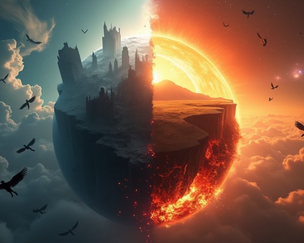 Surreal Landscape with Gothic Castle and Molten Terrain