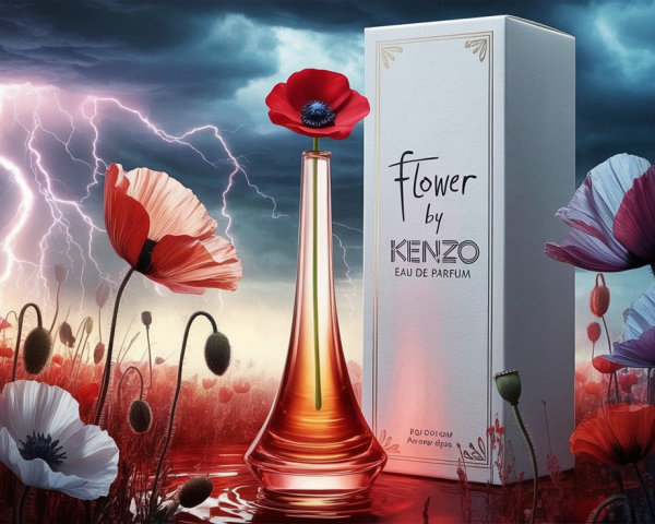 Vibrant Red Poppies and Blue Flowers with Stormy Sky