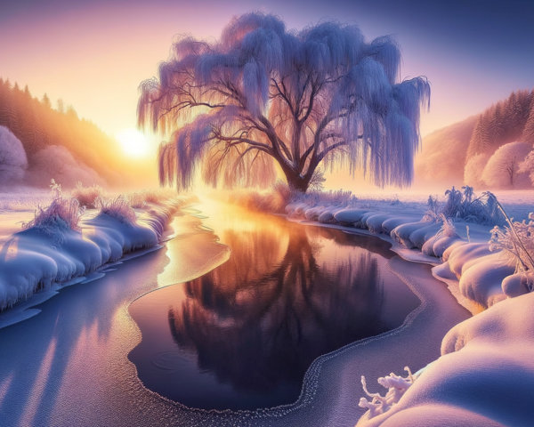Serene winter landscape with frost-covered tree and river