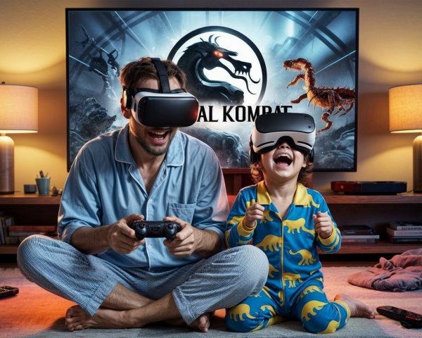 Man and Child Enjoy Gaming in Cozy Living Room