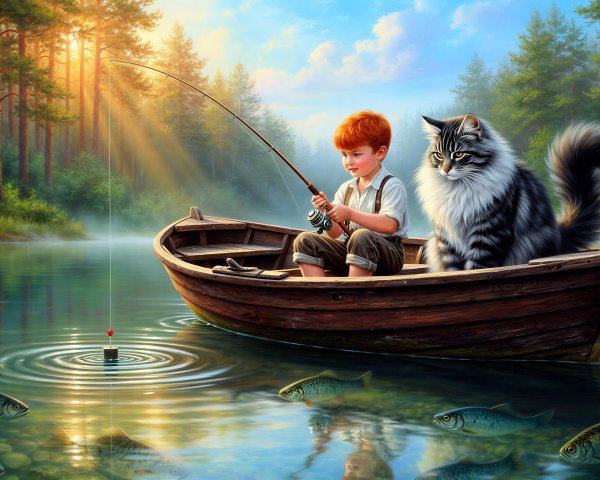 Whimsical Painting of Boy Fishing with Maine Coon Cat