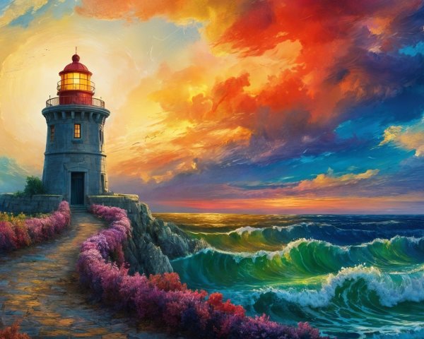 Lighthouse on Rocky Shore with Vibrant Sunset Colors