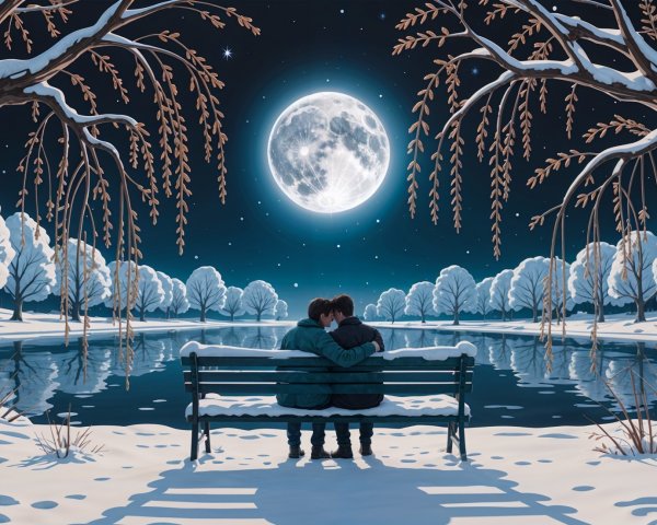 Winter Scene of a Couple by a Moonlit Lake
