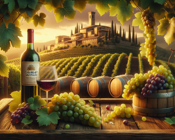 Vineyard Sunset with Wine and Grapes Scene