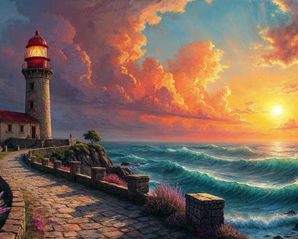 Coastal Landscape with Lighthouse and Sunset Colors