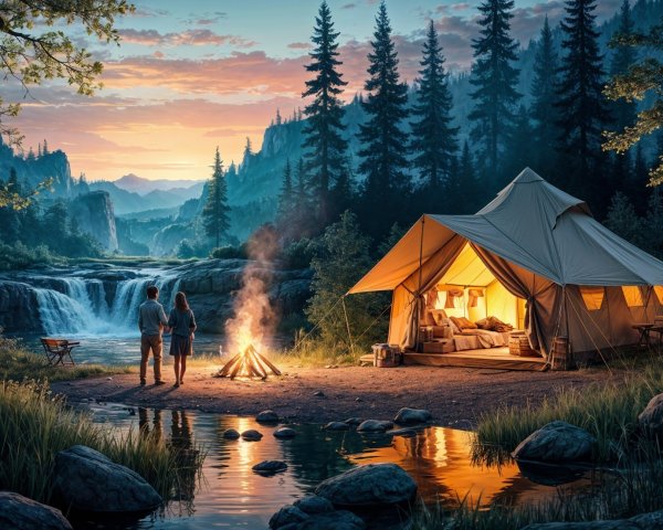 Serene Campsite by a Tranquil River at Sunset