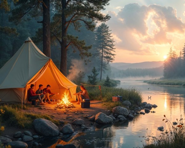 Camping by a Tranquil River at Sunset