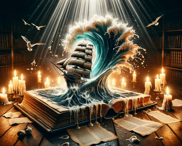 Fantastical Scene of a Ship in a Library Setting