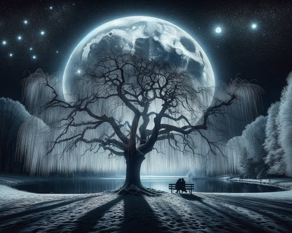 Winter Night Scene with Tree and Snowy Lake