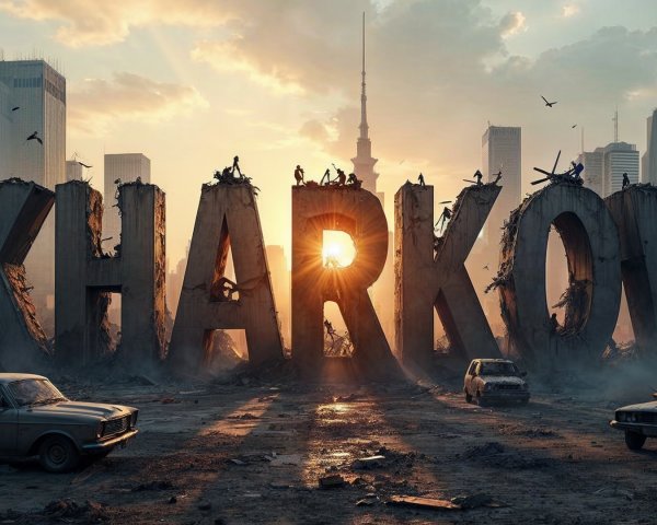 Dramatic Sunset Over Kharkov Ruins and Abandoned Cars