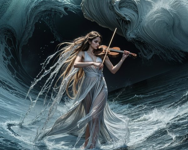 Woman in Silver Gown Playing Violin by Ocean Waves