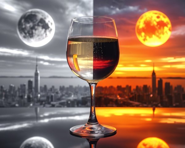 Wine Glass Against Sunset and Night Skyline Contrast