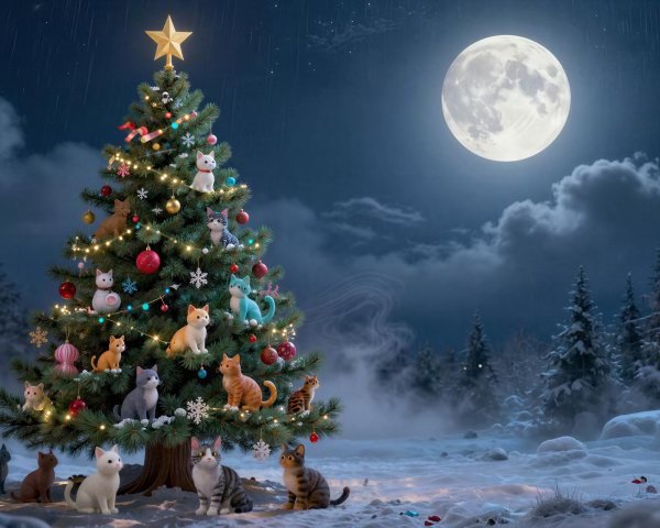 Whimsical Winter Wonderland with Cats and Christmas Tree