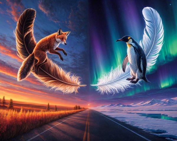 Surreal Landscape with Sunset and Starry Night Elements