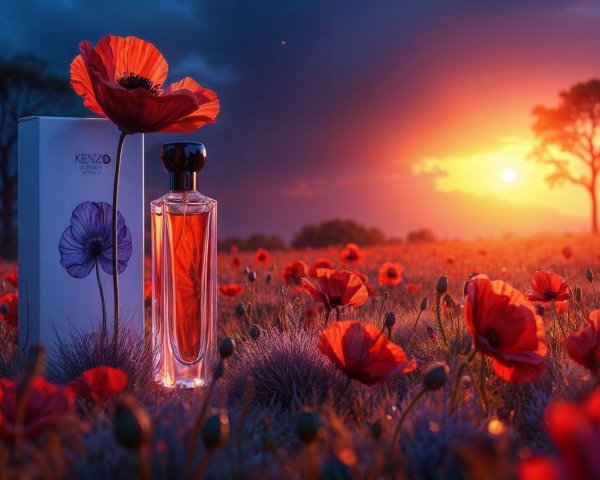 Sunset Over Poppy Field with Perfume Bottle Display