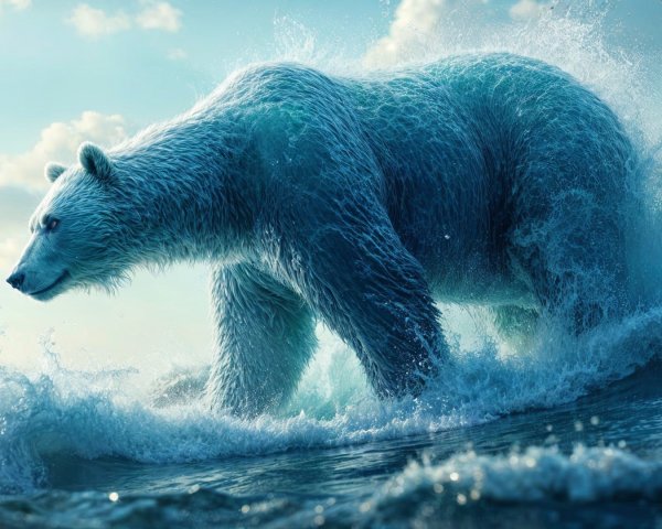 Polar bear in ocean waves under blue sky