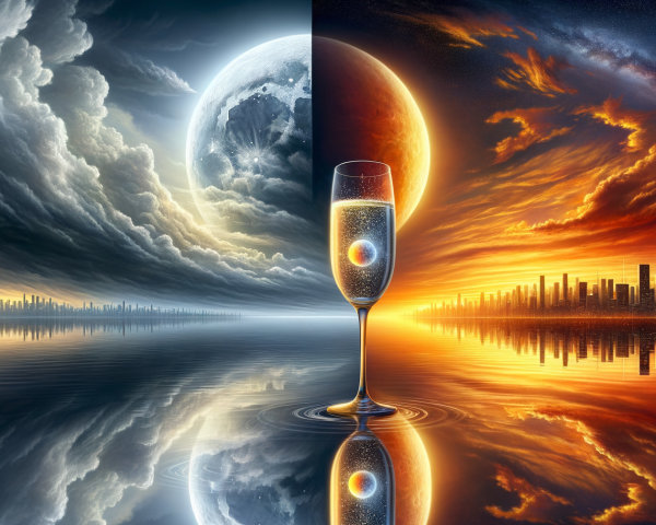 Surreal Scene of Day and Night with Celestial Bodies