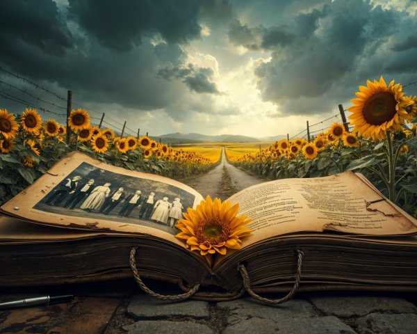 Vintage Book on Cobblestone Path with Sunflowers