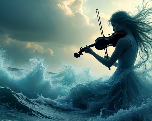 Silhouette of Woman Playing Violin Amidst Ocean Waves