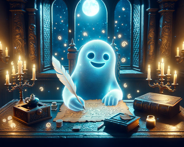 Glowing ghost writing at a wooden desk by candlelight