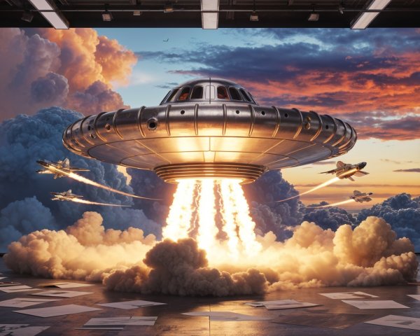 Flying Saucer Over Cloudy Sky with Military Jets