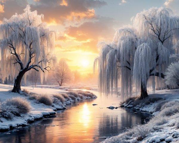 Serene Winter Landscape at Sunrise with Frozen River