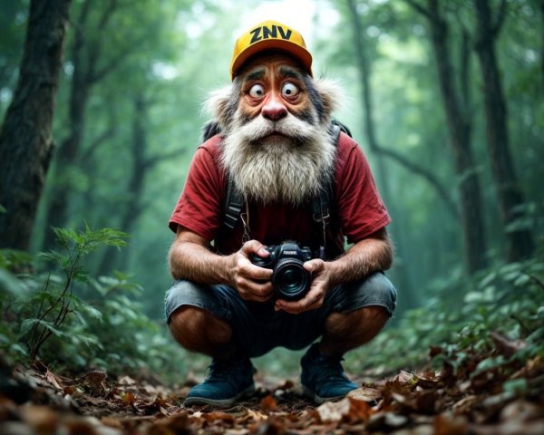 Whimsical Character in Lush Forest with Camera