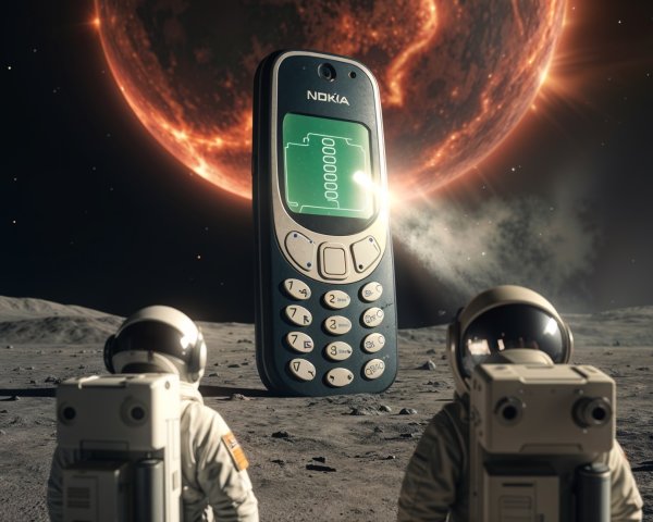 Astronauts Observe Giant Phone on Lunar Landscape
