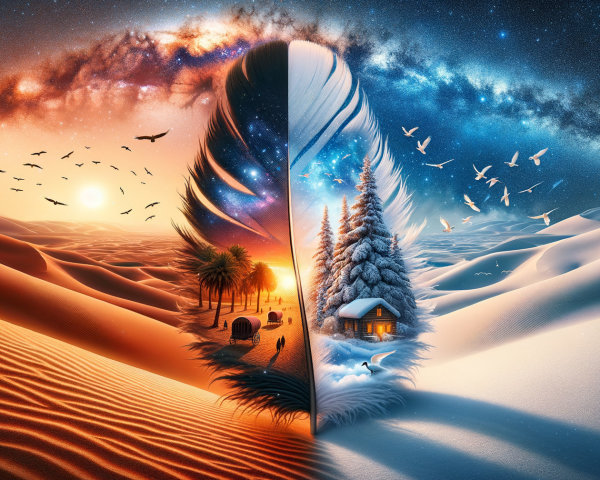 Contrast of Desert and Winter Landscapes Divided by Feather
