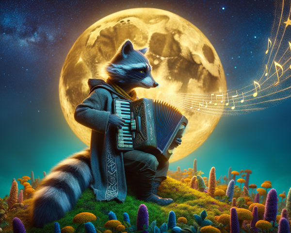 Whimsical raccoon in colorful landscape with moonlight