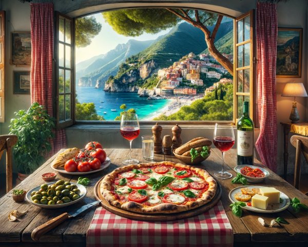 Cozy Dining Table with Coastal Village View and Pizza