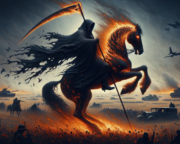 Dark Figure on Fiery Horse Amidst Battlefield Chaos