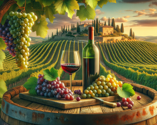Sunset Vineyard with Wine, Grapes, and Scenic Hills